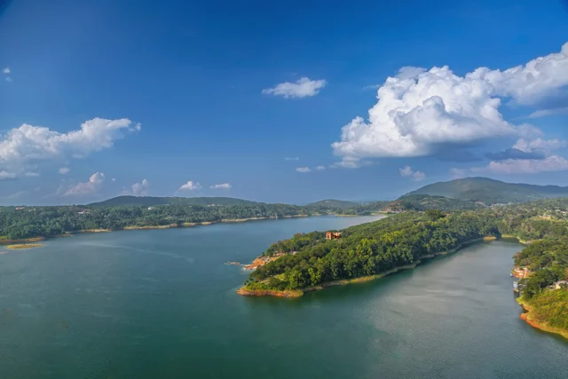 Umiam Lake framed by the hills of Meghalaya